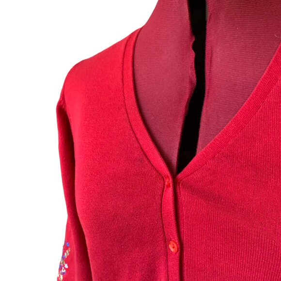 JACOB - RED Cardigan buttons down crew neck - Colored flowers embroidery large - Picture 7 of 11